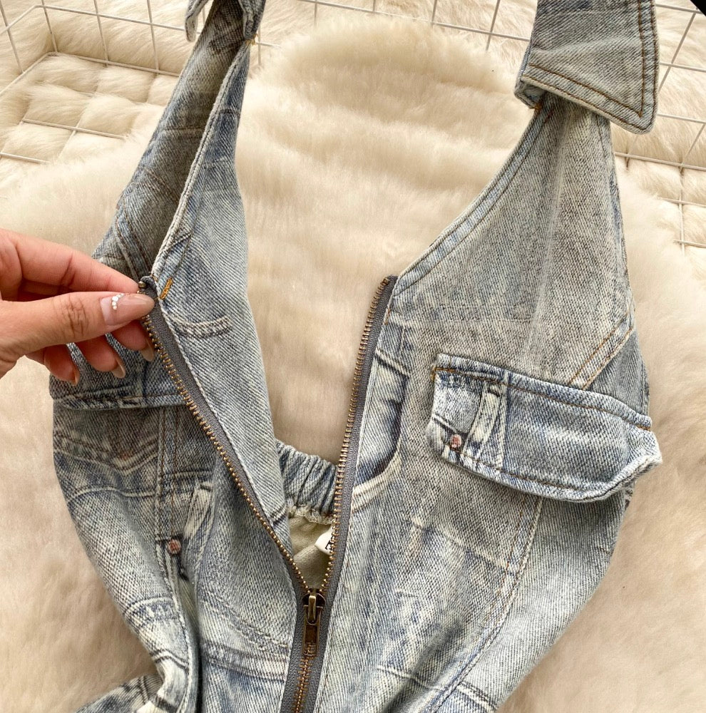 Vintage Distressed Denim Backless Halter Dress