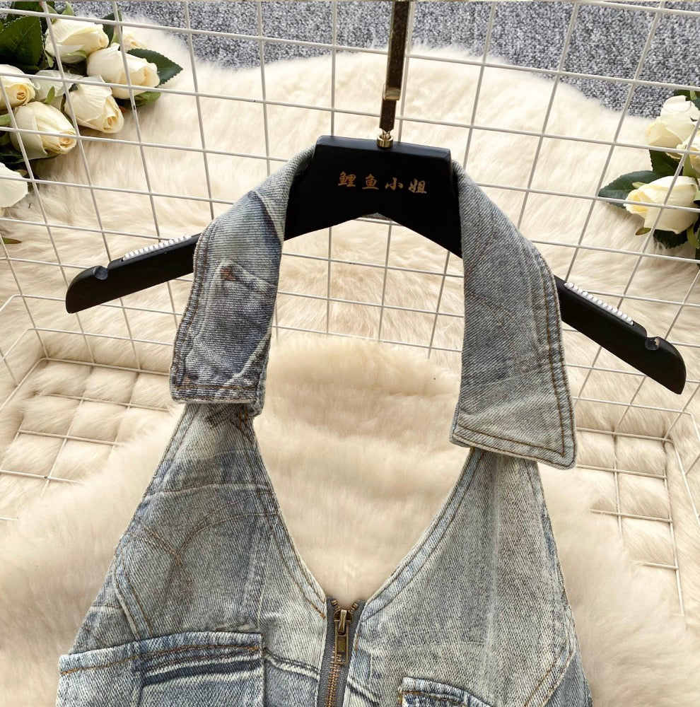 Vintage Distressed Denim Backless Halter Dress