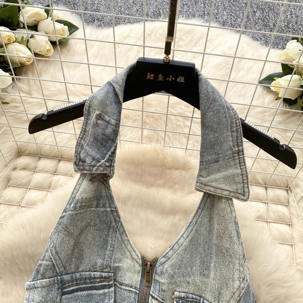 Vintage Distressed Denim Backless Halter Dress