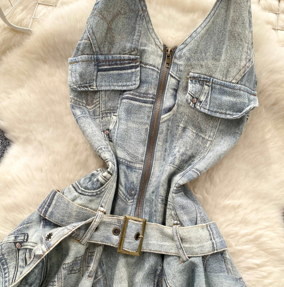 Vintage Distressed Denim Backless Halter Dress