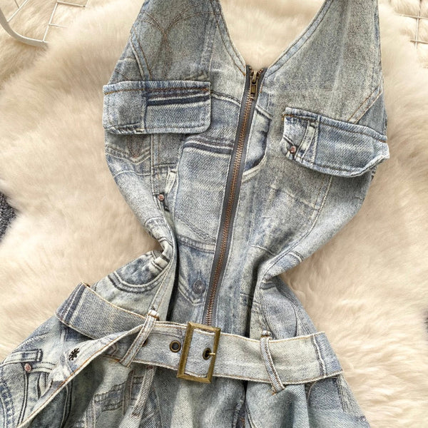 Vintage Distressed Denim Backless Halter Dress
