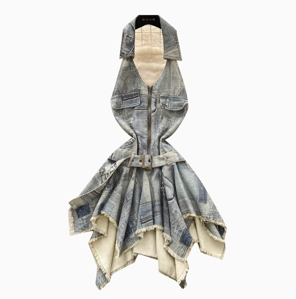 Vintage Distressed Denim Backless Halter Dress