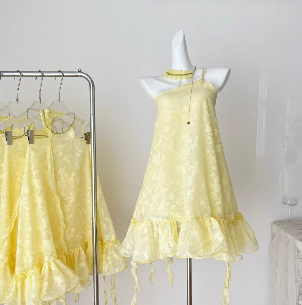 Fairy Yellow Slant Neckline Dress