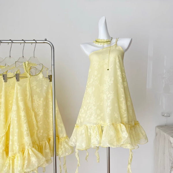 Fairy Yellow Slant Neckline Dress