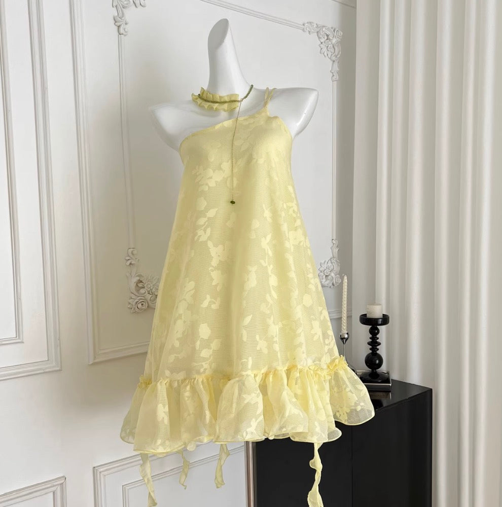 Fairy Yellow Slant Neckline Dress
