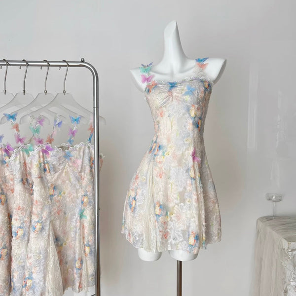 3D Colorful Butterfly Lace Slip Dress