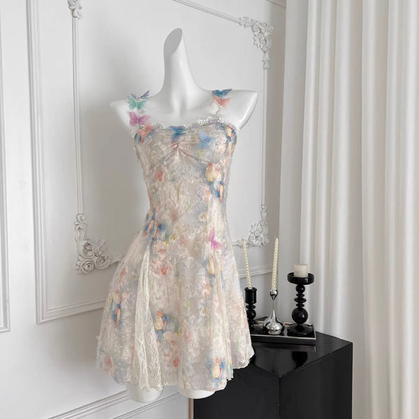 3D Colorful Butterfly Lace Slip Dress