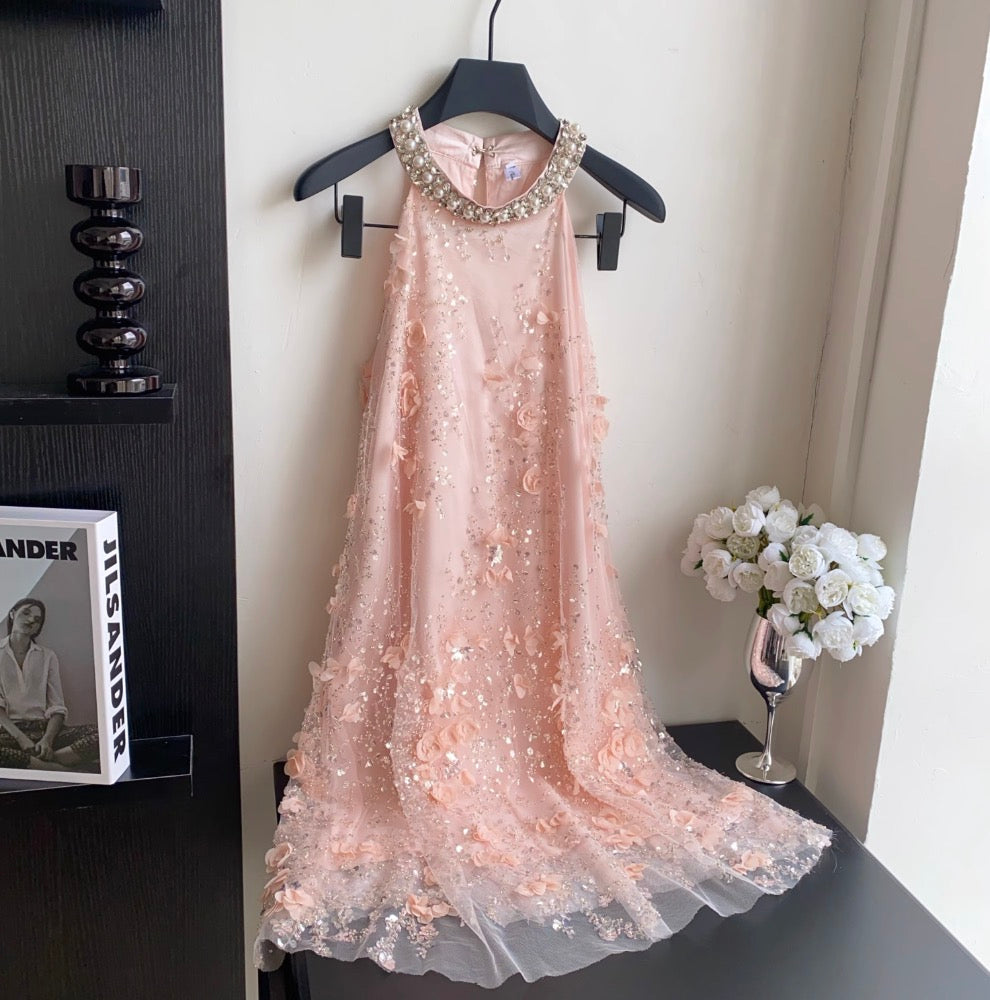 Beaded Sleeveless A-line Mesh Dress