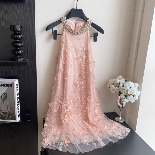 Beaded Sleeveless A-line Mesh Dress