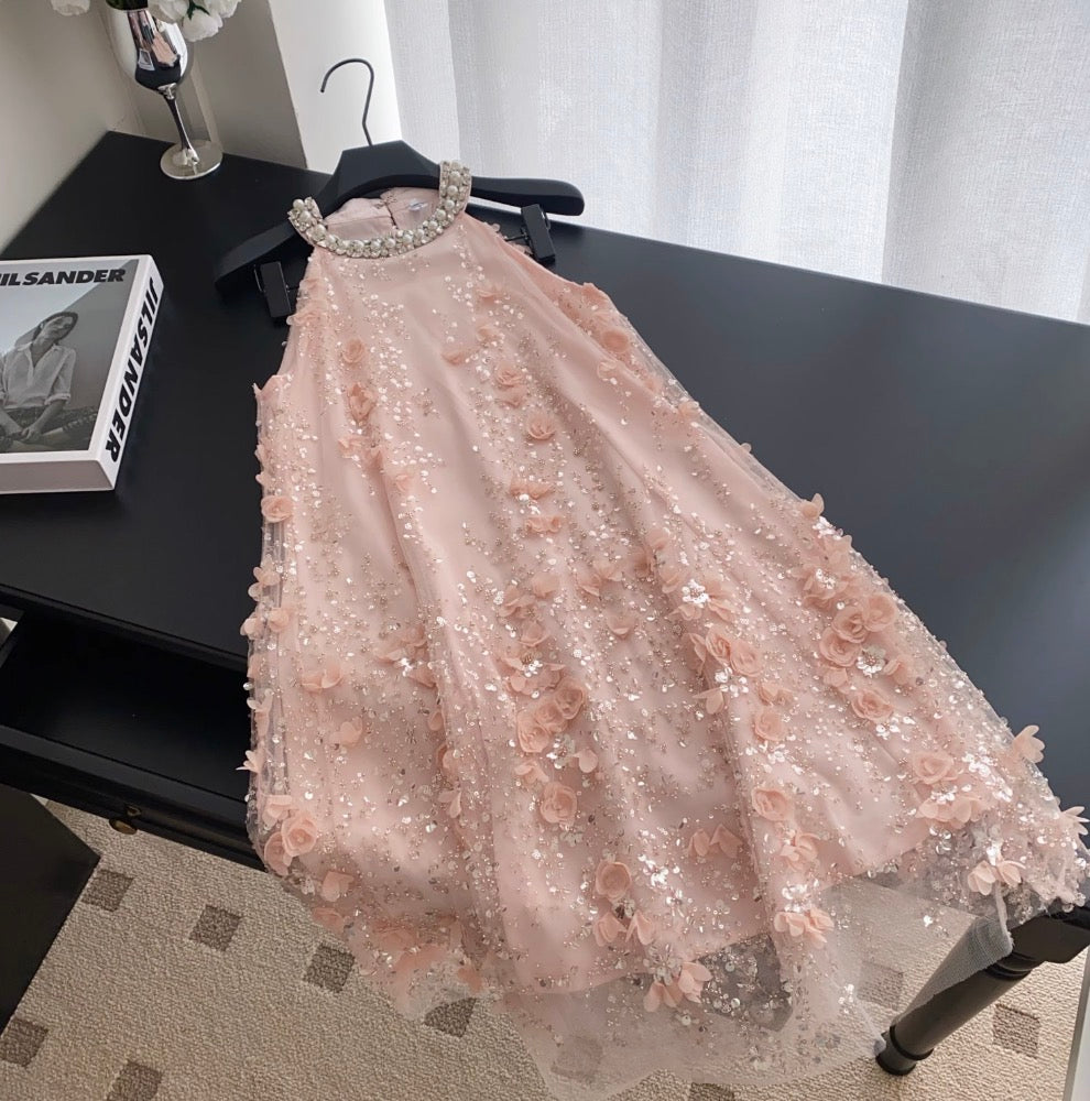 Beaded Sleeveless A-line Mesh Dress