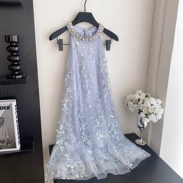 Beaded Sleeveless A-line Mesh Dress