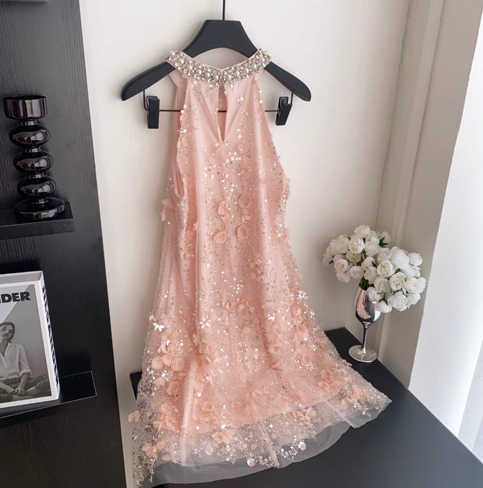 Beaded Sleeveless A-line Mesh Dress