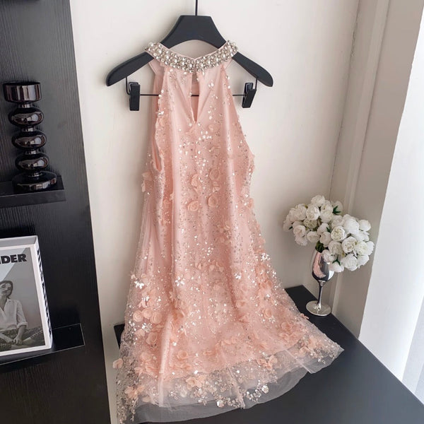 Beaded Sleeveless A-line Mesh Dress