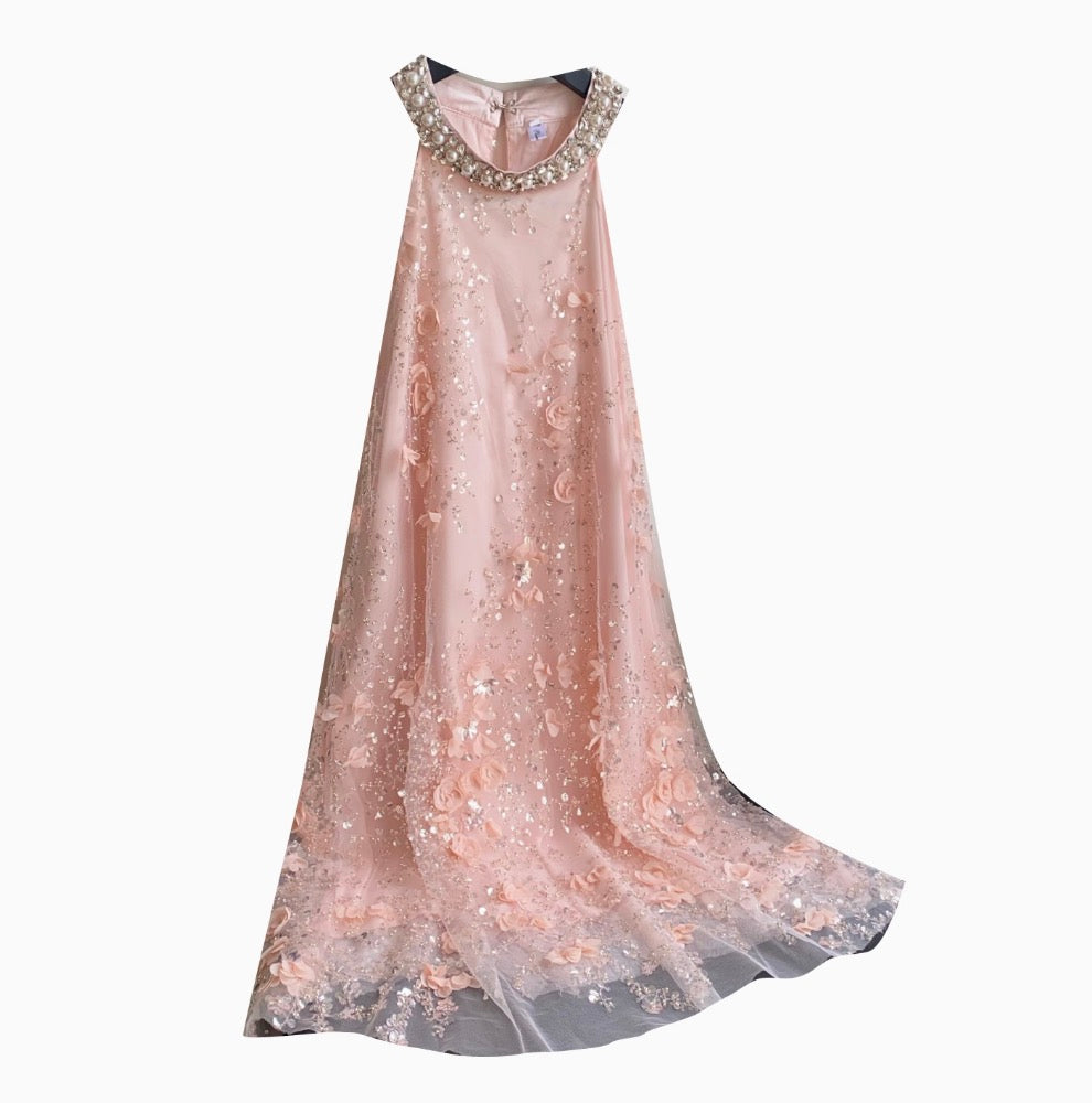 Beaded Sleeveless A-line Mesh Dress