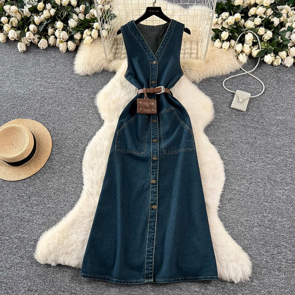 Premium Sleeveless Denim Shirt Dress