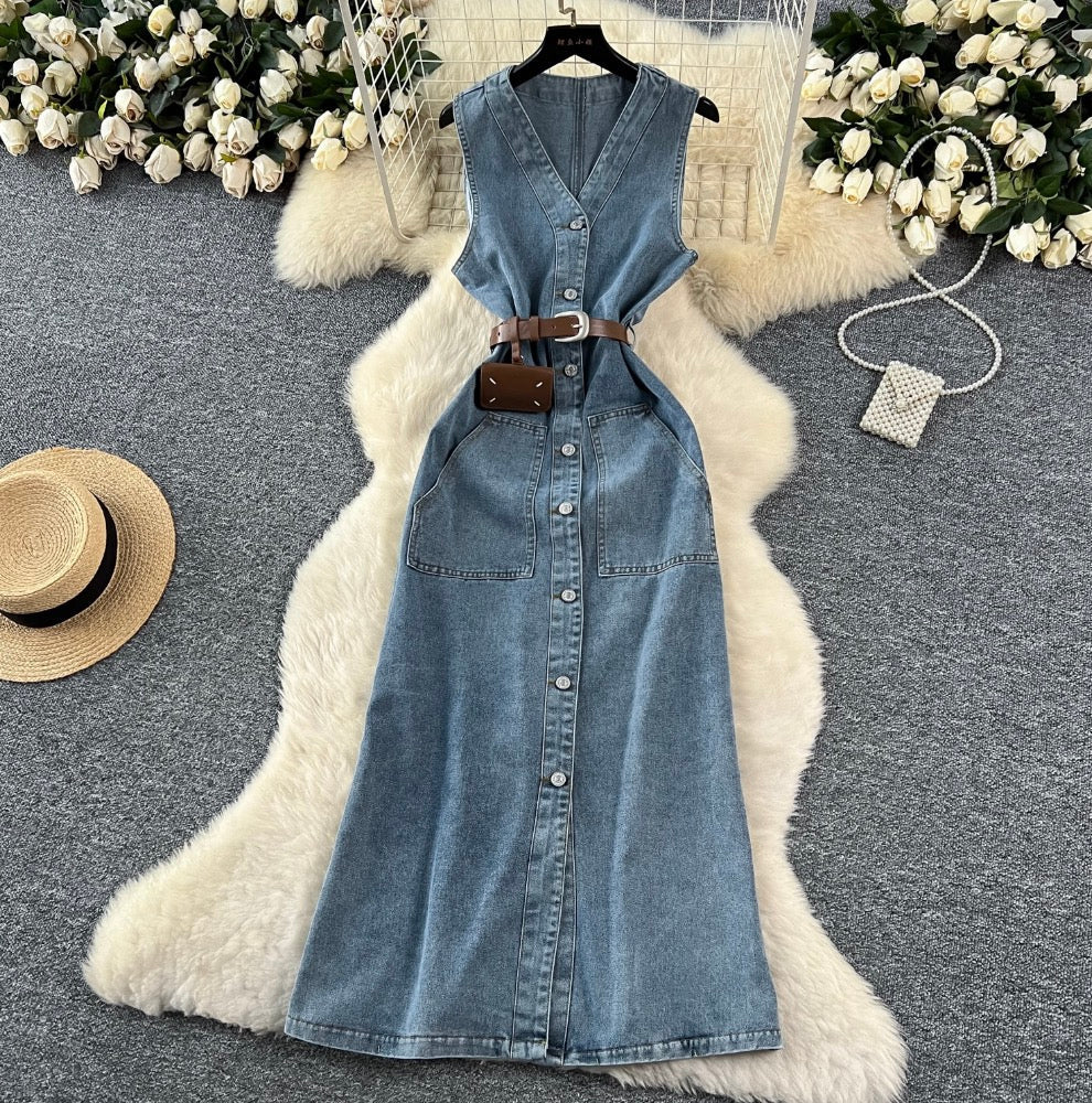 Premium Sleeveless Denim Shirt Dress
