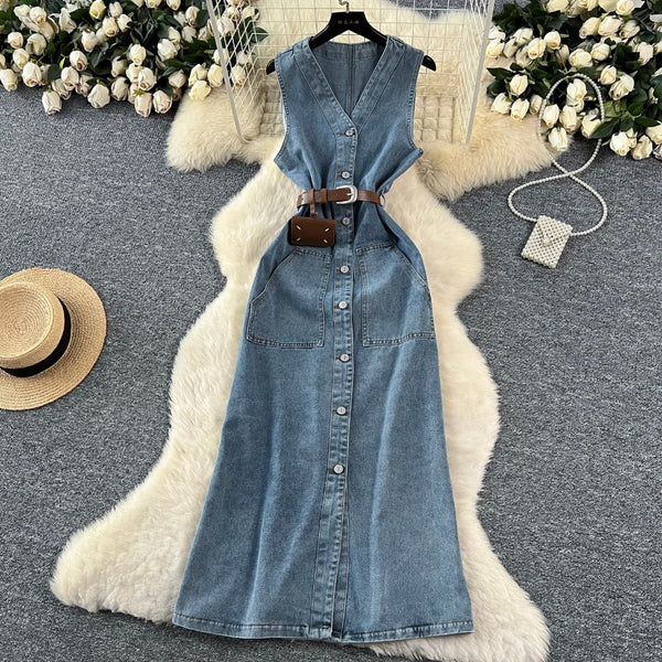 Premium Sleeveless Denim Shirt Dress