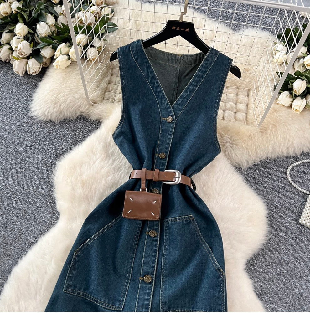 Premium Sleeveless Denim Shirt Dress