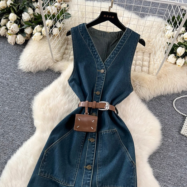Premium Sleeveless Denim Shirt Dress