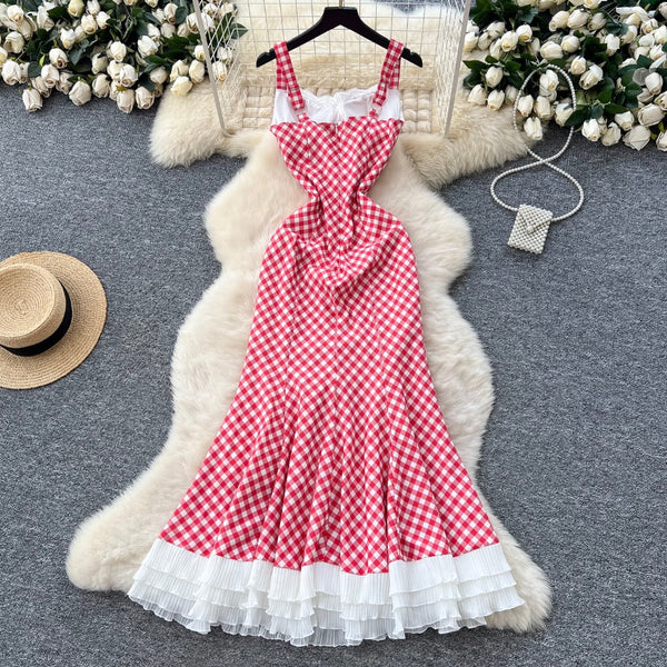 Mori Plaid Printed Lace Slip Dress