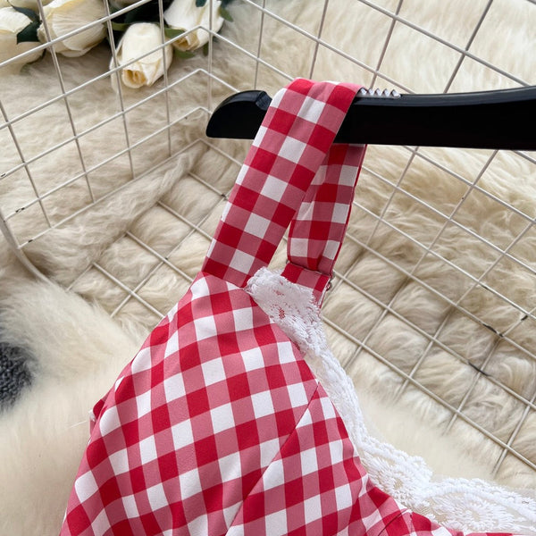 Mori Plaid Printed Lace Slip Dress