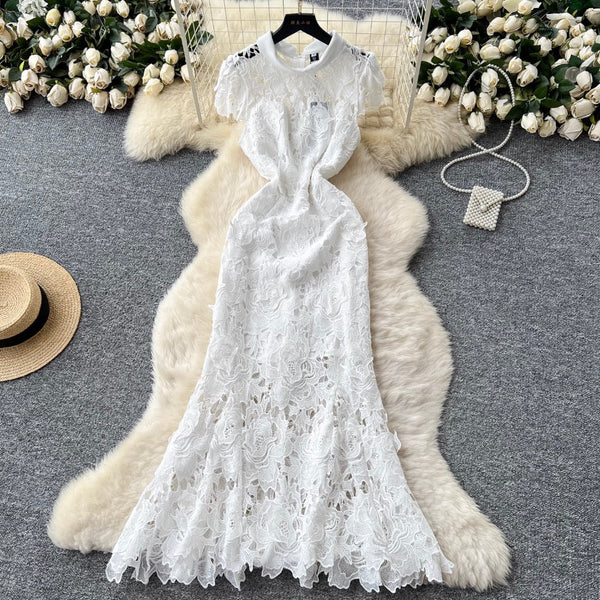 Elegant Hollowed Crochet White Dress