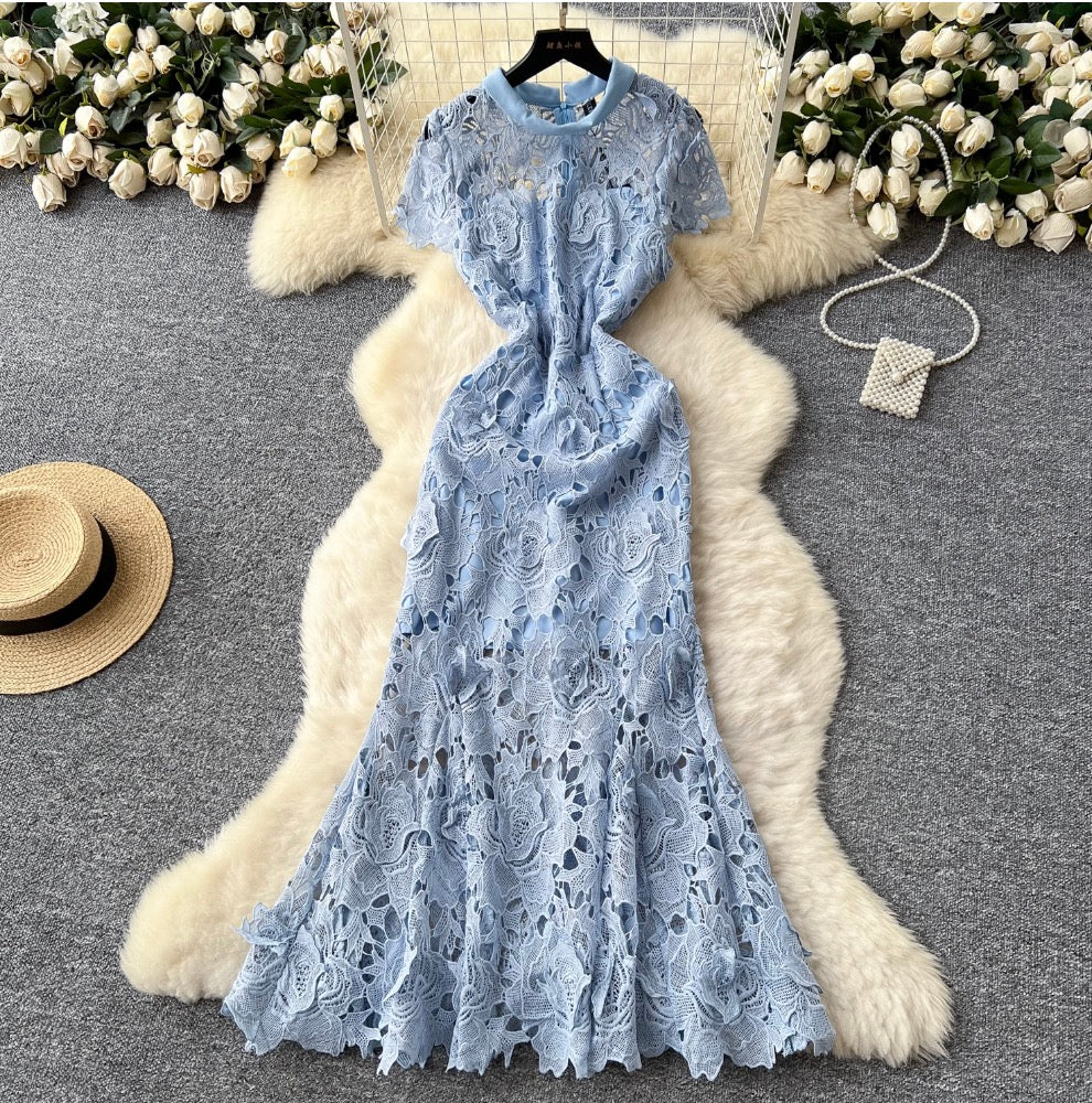 Elegant Hollowed Crochet White Dress