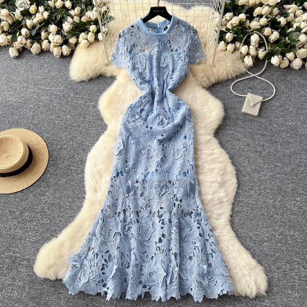 Elegant Hollowed Crochet White Dress
