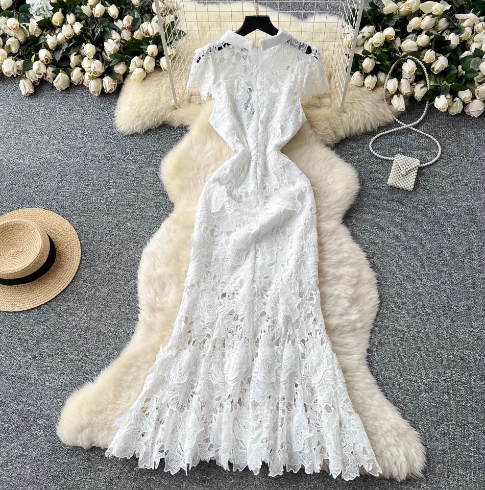 Elegant Hollowed Crochet White Dress