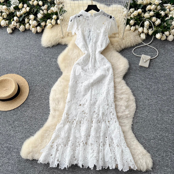 Elegant Hollowed Crochet White Dress