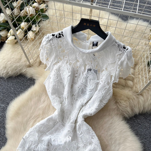 Elegant Hollowed Crochet White Dress