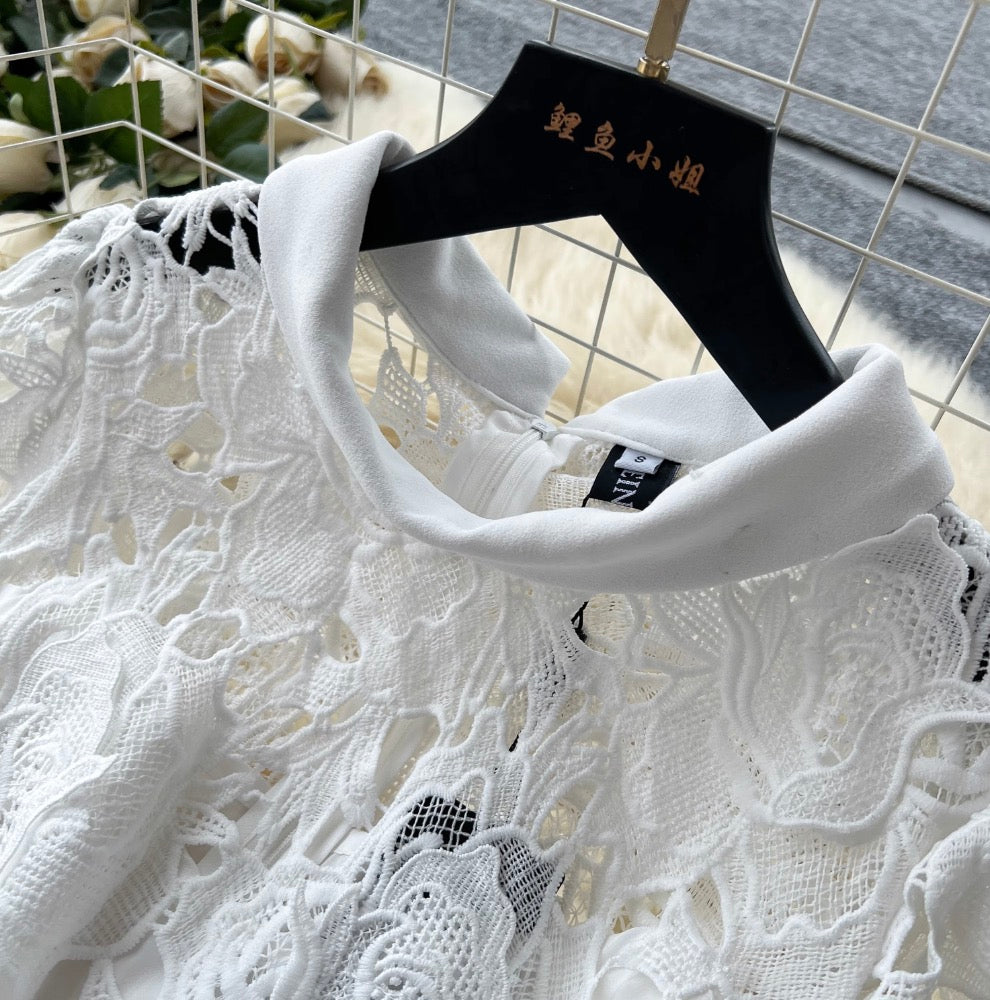 Elegant Hollowed Crochet White Dress
