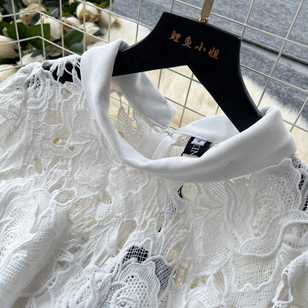 Elegant Hollowed Crochet White Dress