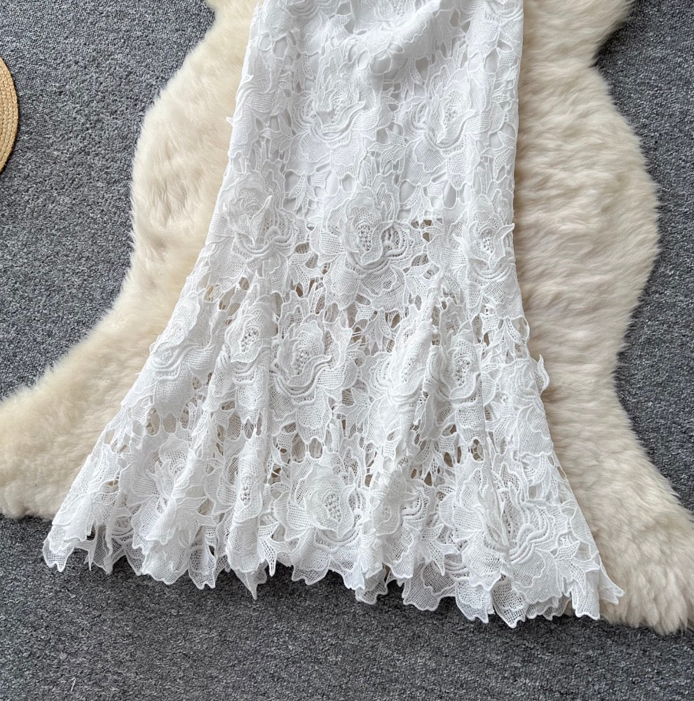 Elegant Hollowed Crochet White Dress