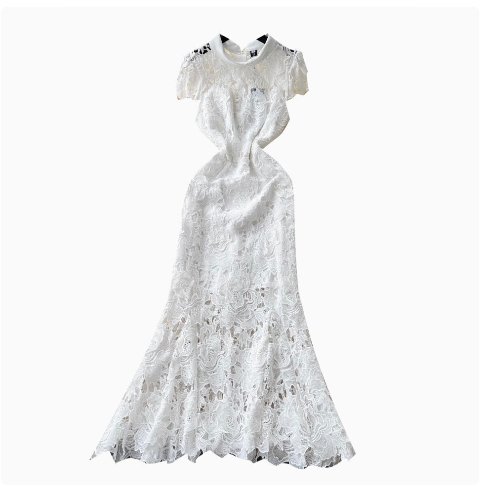 Elegant Hollowed Crochet White Dress