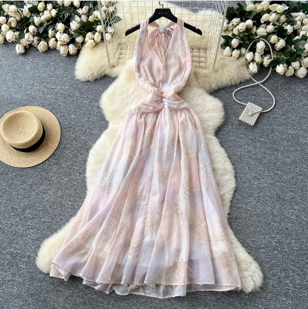 Gradient Color Embroidery Halter Dress