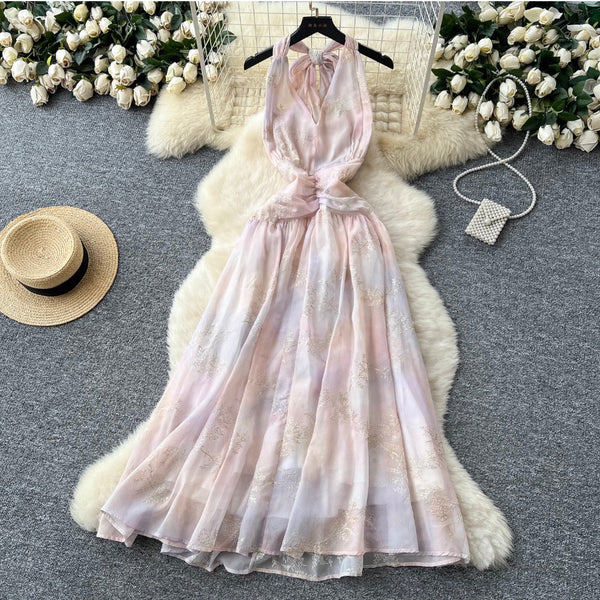 Gradient Color Embroidery Halter Dress