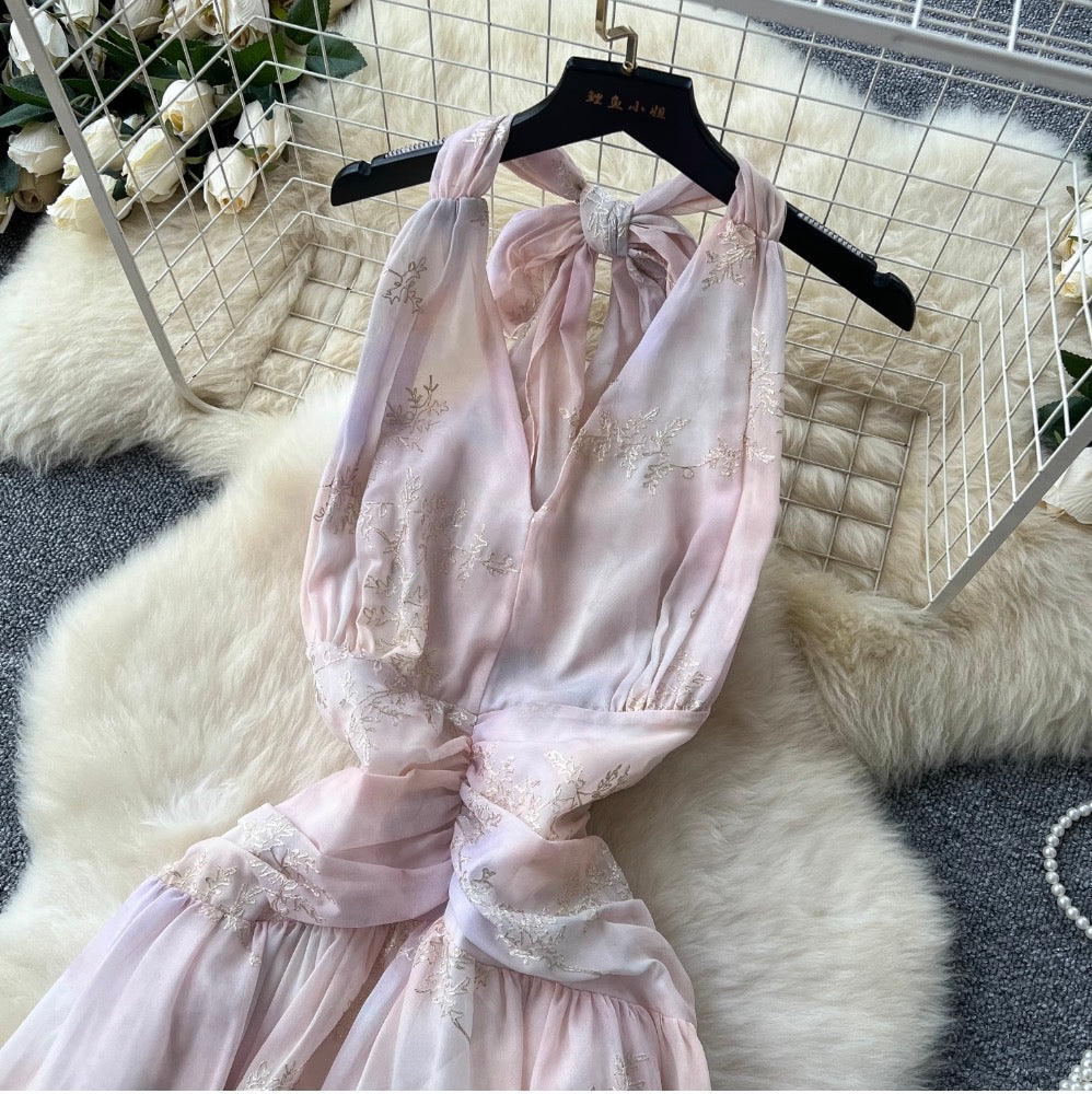 Gradient Color Embroidery Halter Dress