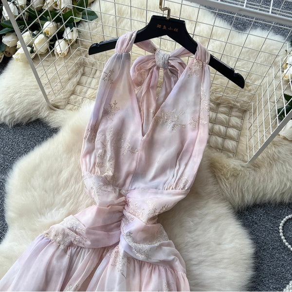 Gradient Color Embroidery Halter Dress