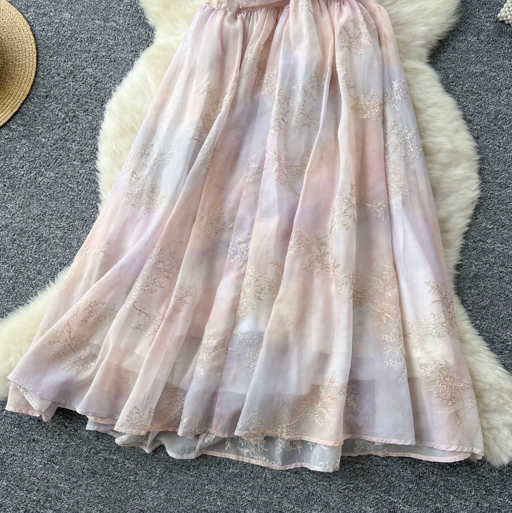 Gradient Color Embroidery Halter Dress
