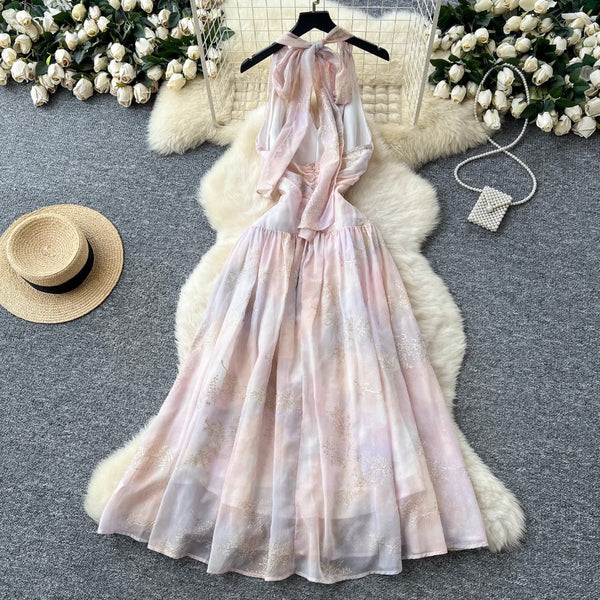 Gradient Color Embroidery Halter Dress