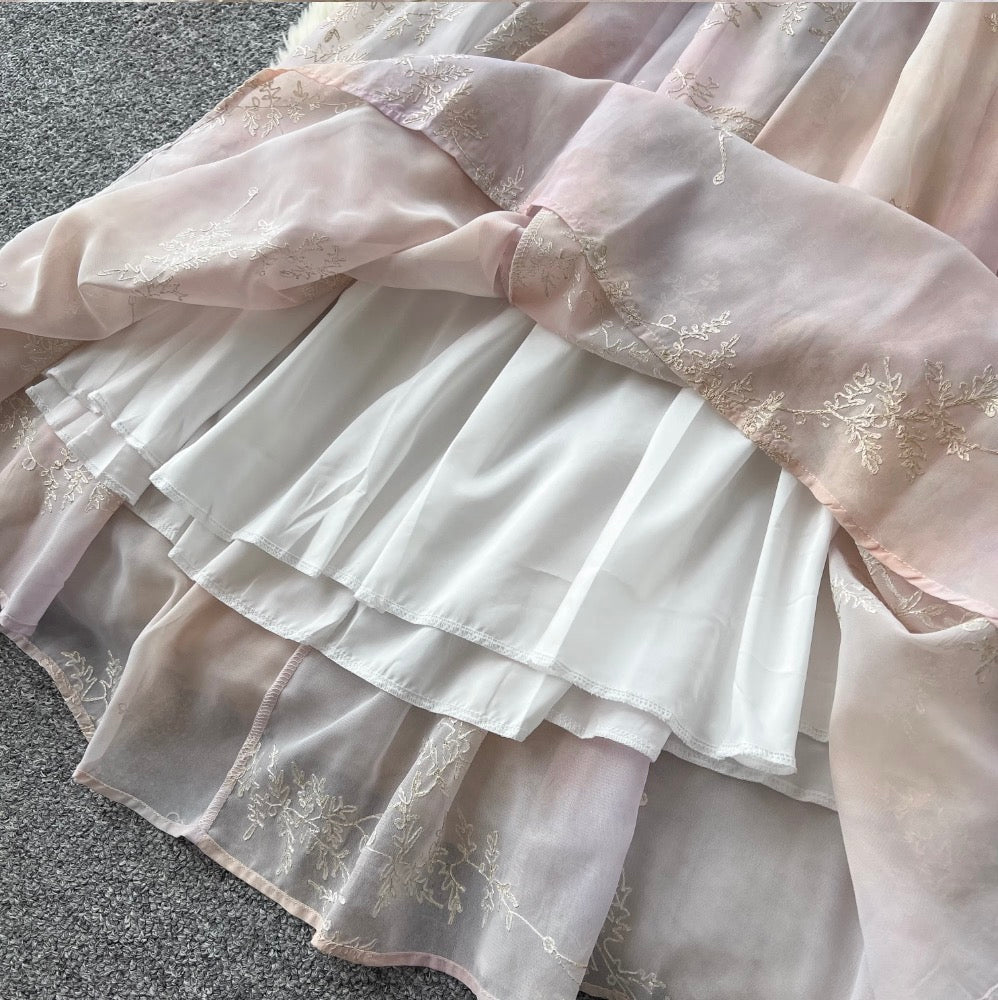 Gradient Color Embroidery Halter Dress