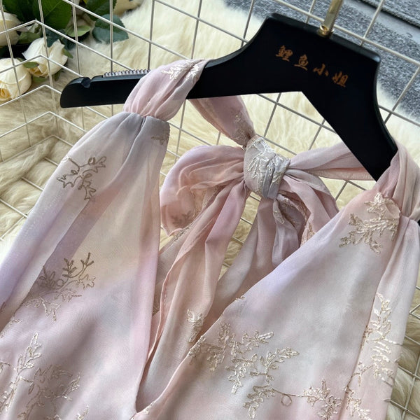 Gradient Color Embroidery Halter Dress