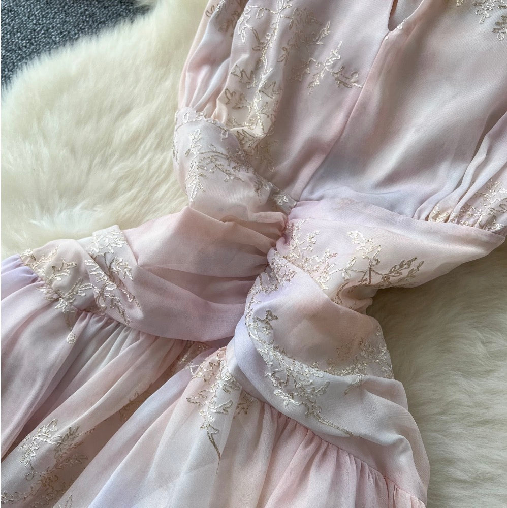 Gradient Color Embroidery Halter Dress