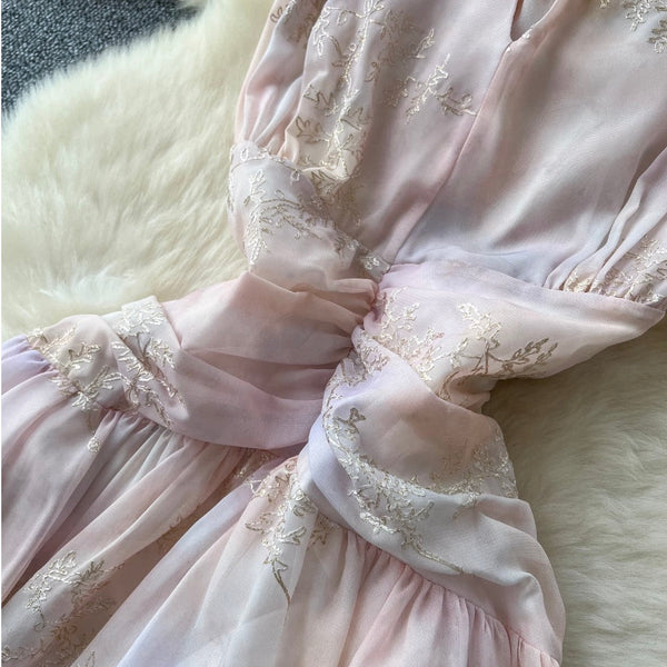 Gradient Color Embroidery Halter Dress