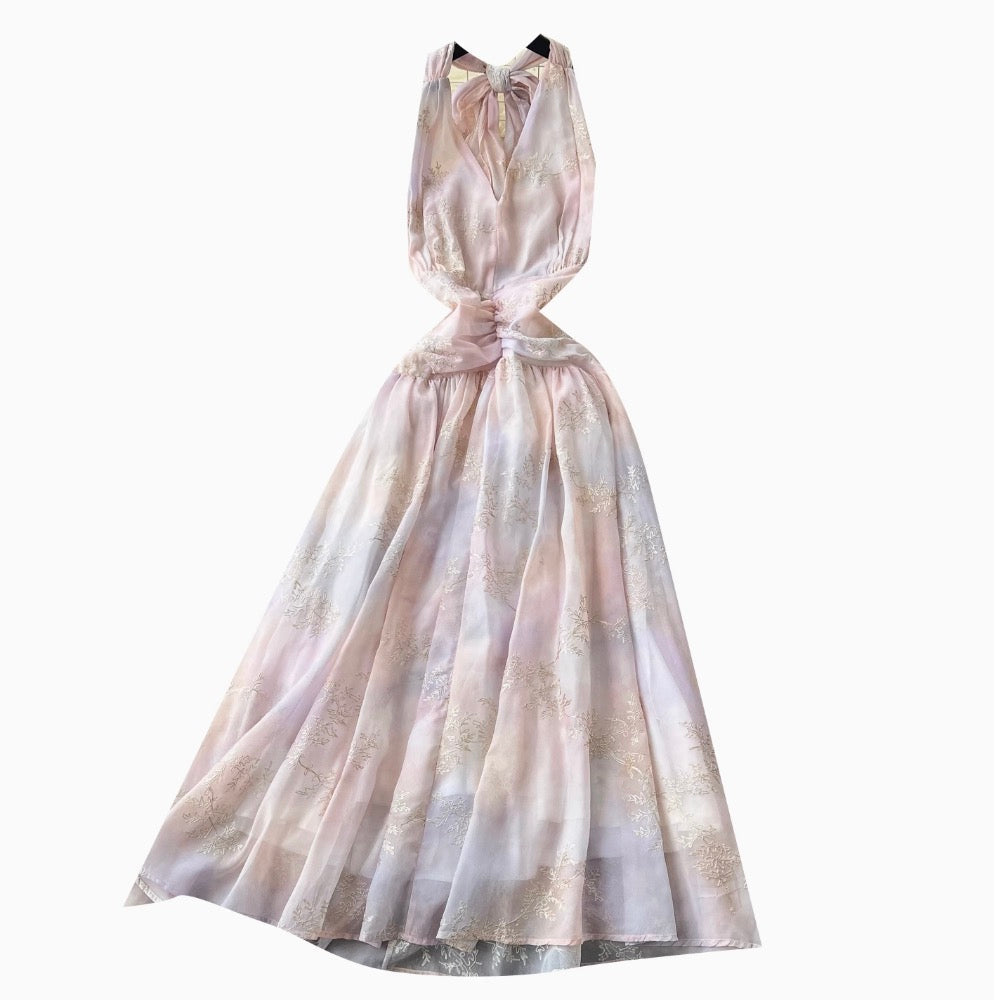 Gradient Color Embroidery Halter Dress