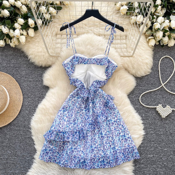 Hollowed Backless Floral Chiffon Slip Dress