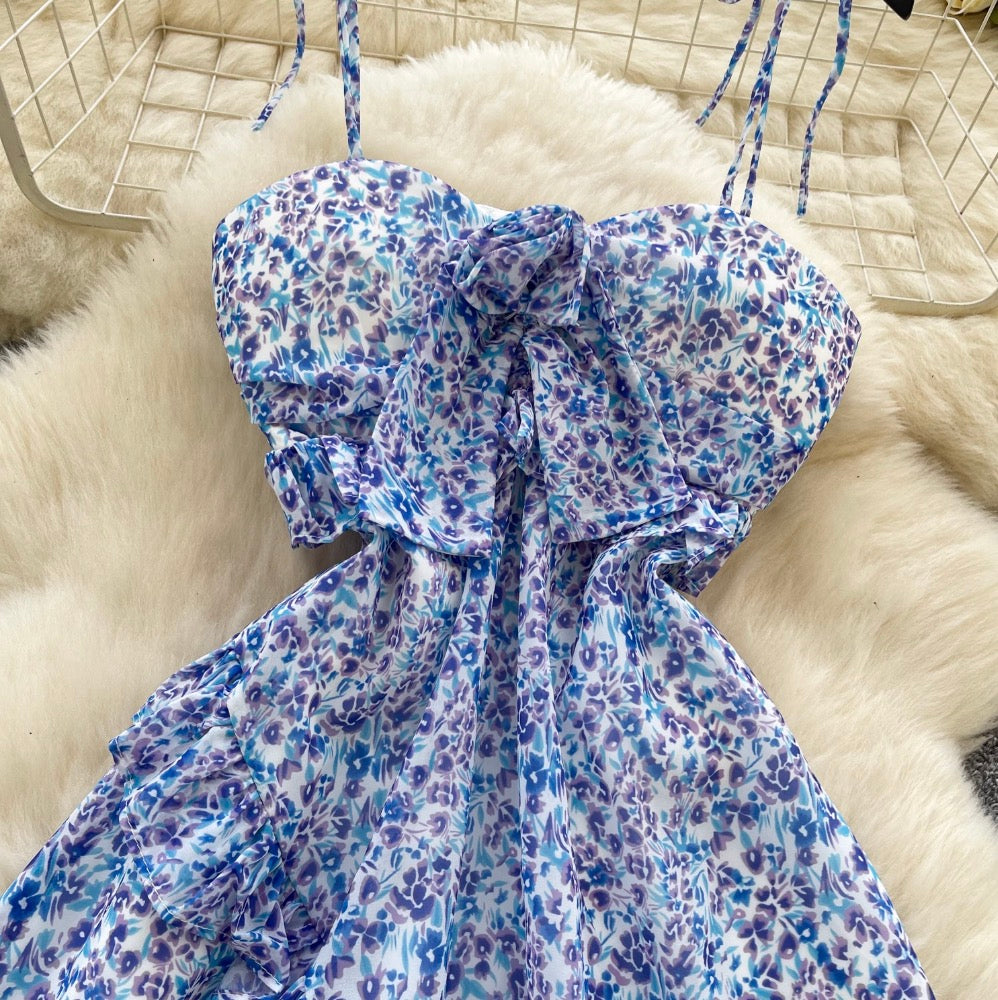 Hollowed Backless Floral Chiffon Slip Dress