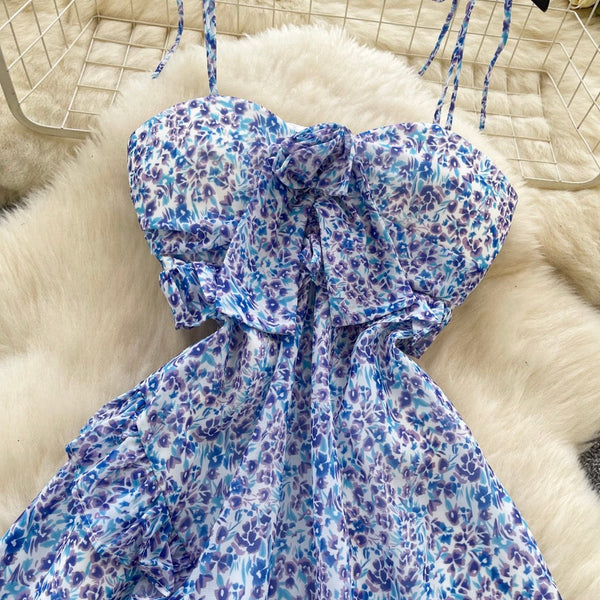Hollowed Backless Floral Chiffon Slip Dress