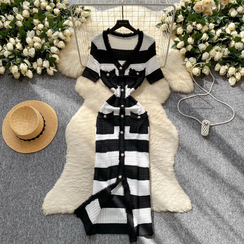 Color-blocking Striped Knitted Dress
